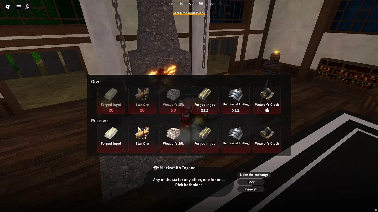 A trade window with six material icons in a give row and a receive row