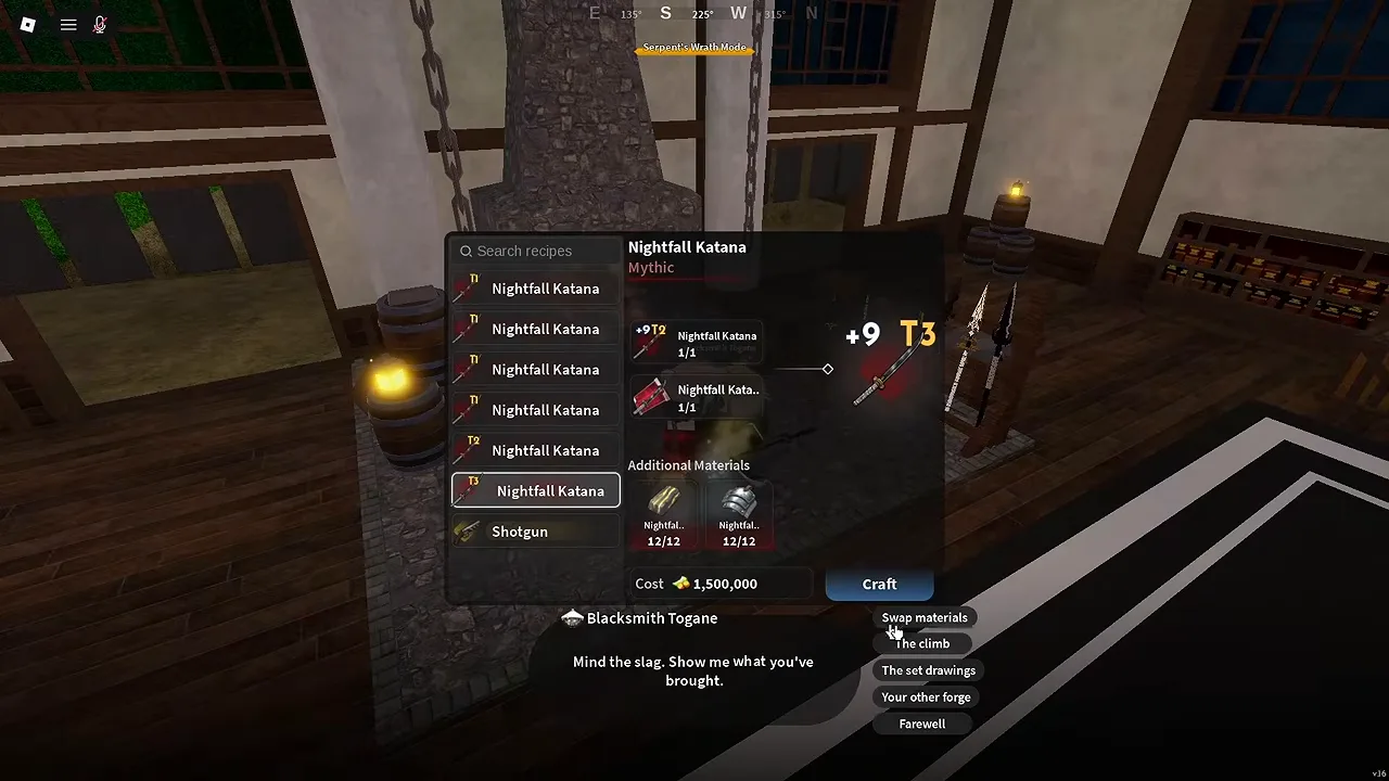 Togane's recipe window for a tier 3 katana, two materials at twelve each