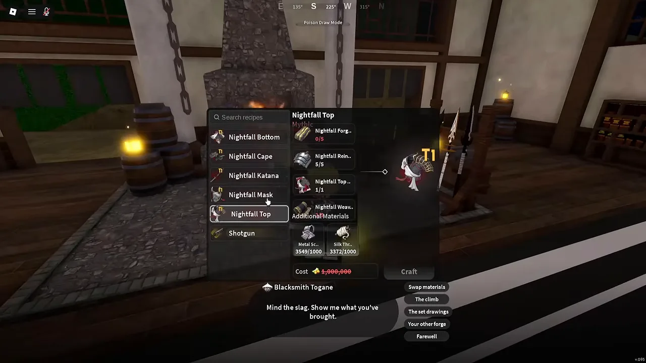 Togane's recipe window for a piece of Nightfall armour