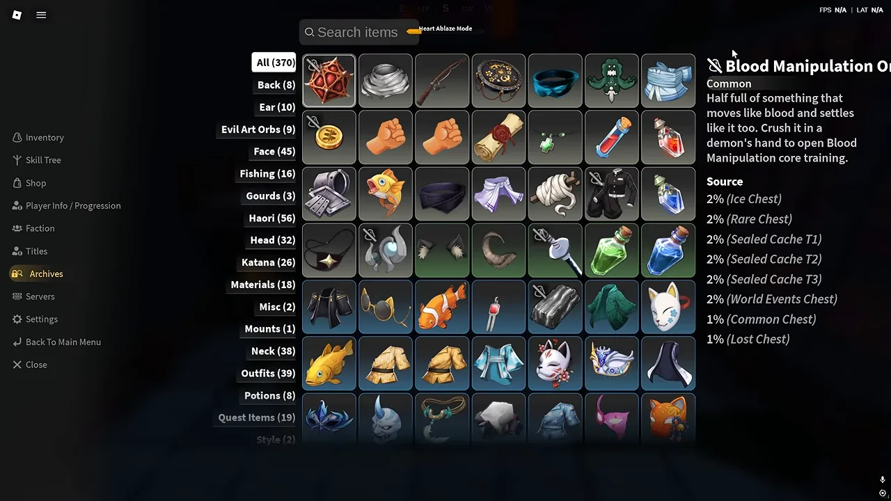 The Archives menu with the Blood Manipulation Orb selected, showing the same source list