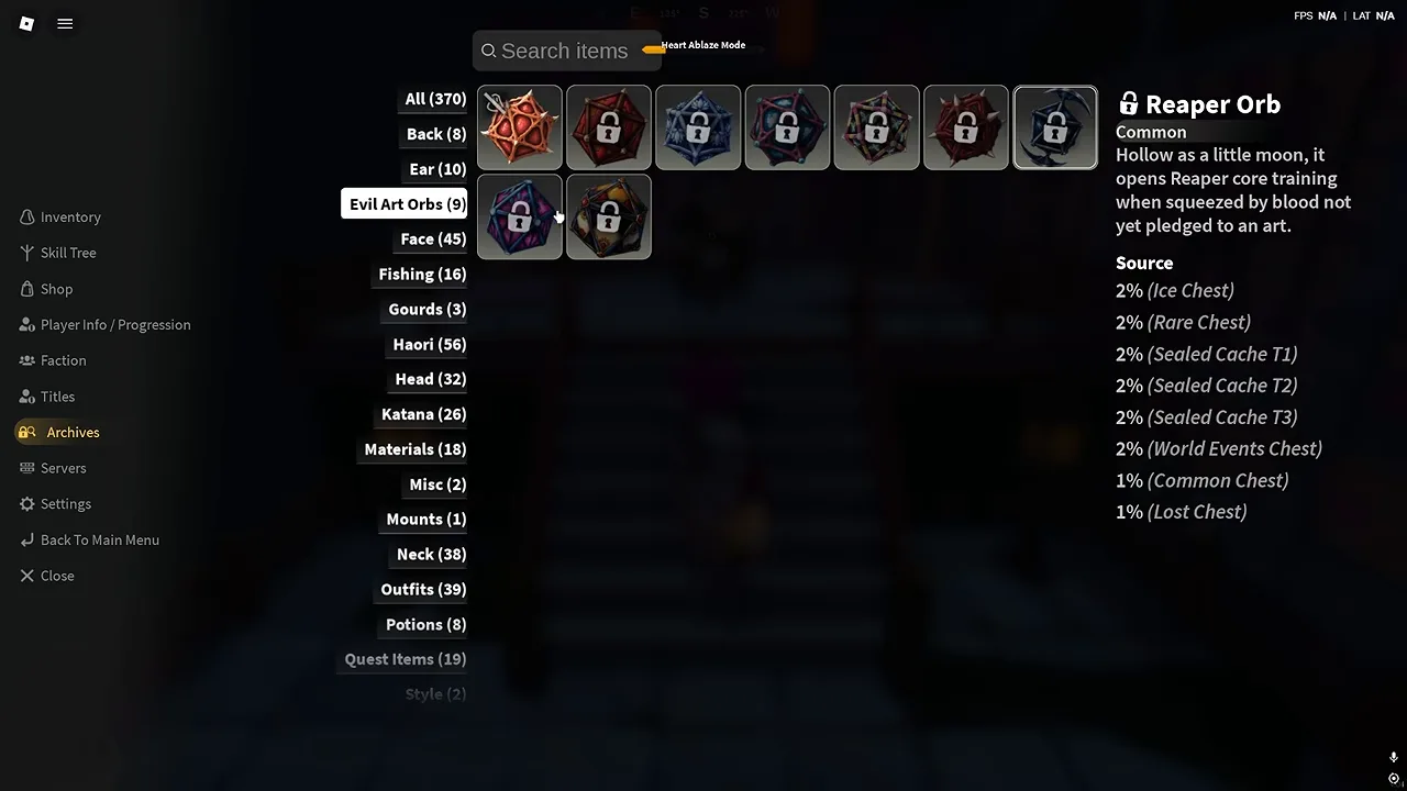 The Archives menu on its Evil Art Orbs tab, with the Reaper Orb selected and a source list beside it