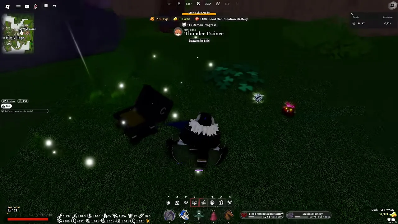 Night, an opened dark chest on the grass beside a player, with two small items lying next to it