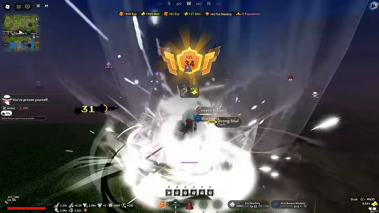 A burst of light around a player, a level 34 badge, and Muzan's chat line in the corner