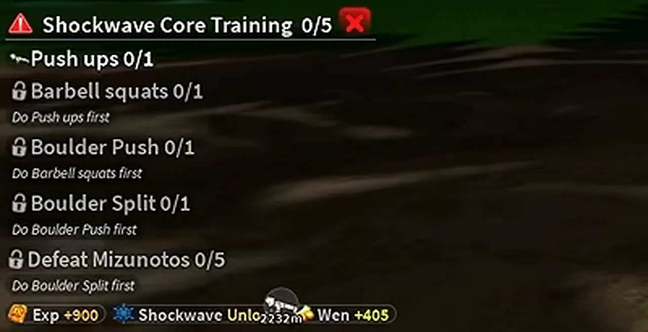 A quest list titled Shockwave Core Training with five locked steps