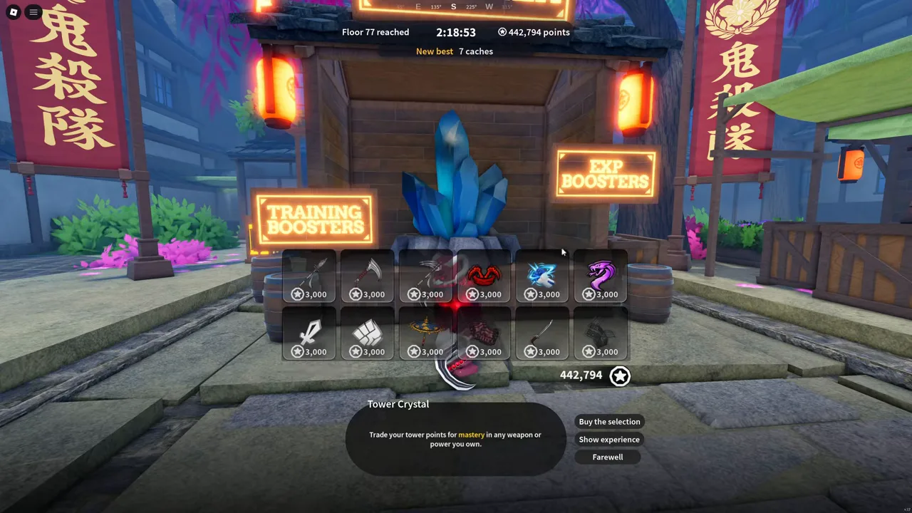A blue crystal stall with twelve item icons priced at 3,000 each, and a run summary banner above