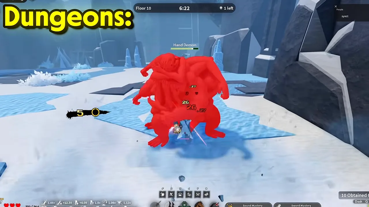 A player fighting a large red many-armed demon on a snowy map