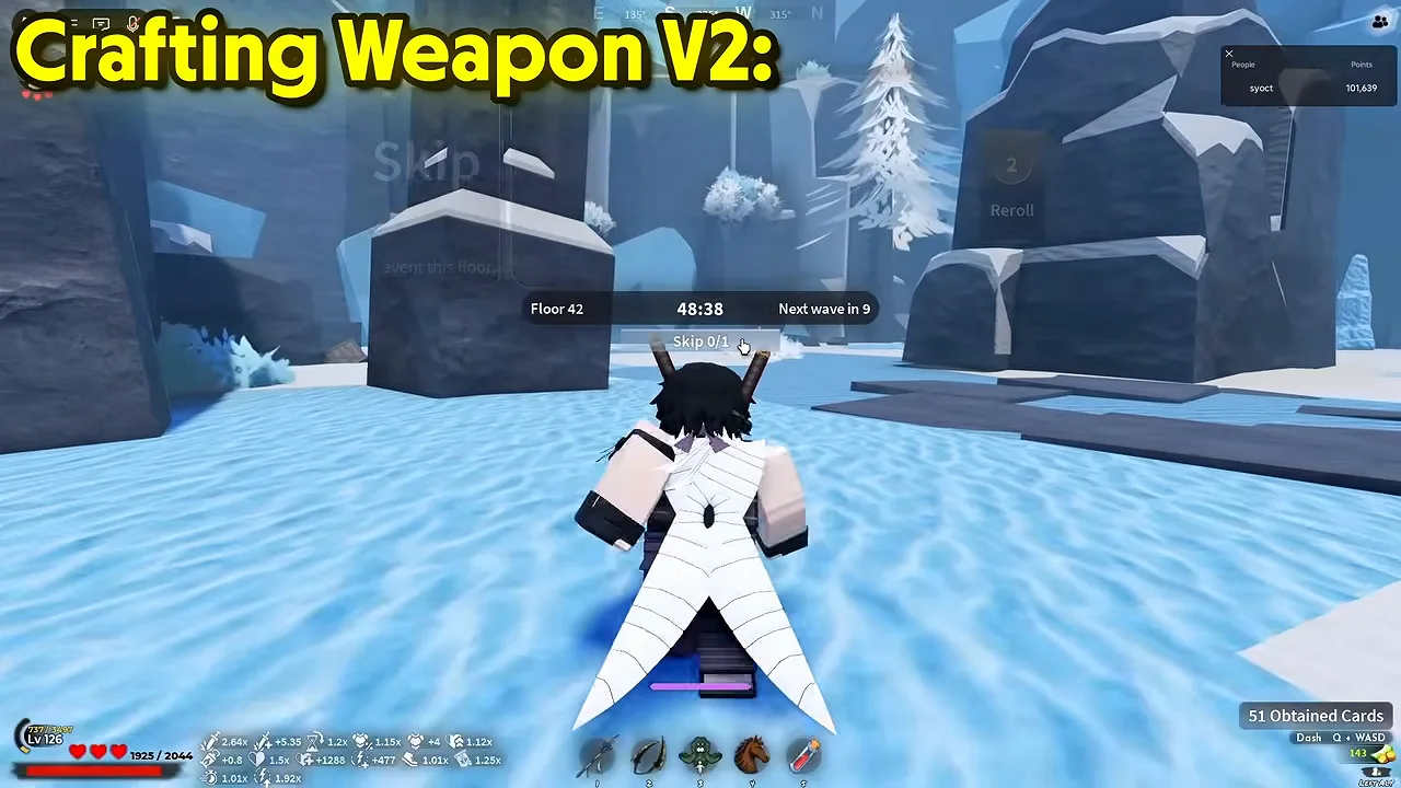 A player on a snowy map with a floor counter, a run clock and a points panel