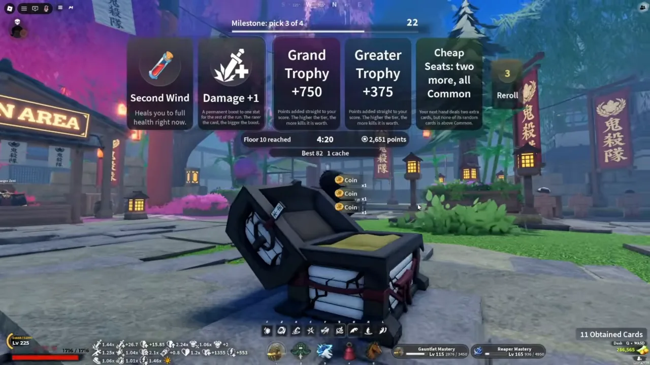 An open black chest in the hub with three coin pop-ups, and a card hand above it