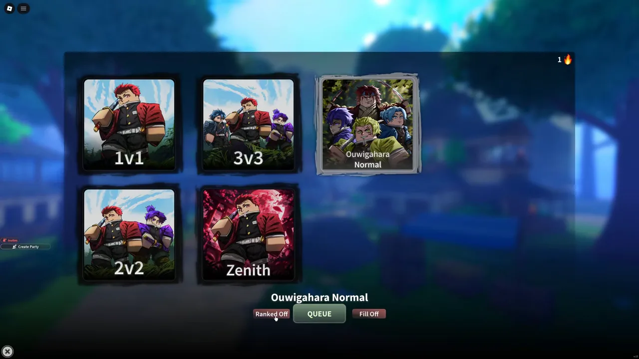 The game's mode menu with five tiles, one of them highlighted, and a queue button under it
