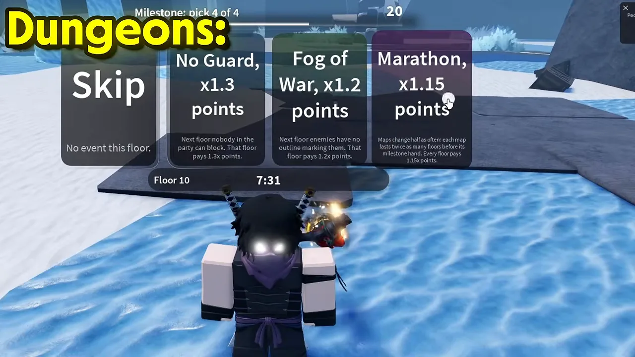 Four large cards on screen, three of them offering a points multiplier for a harder floor