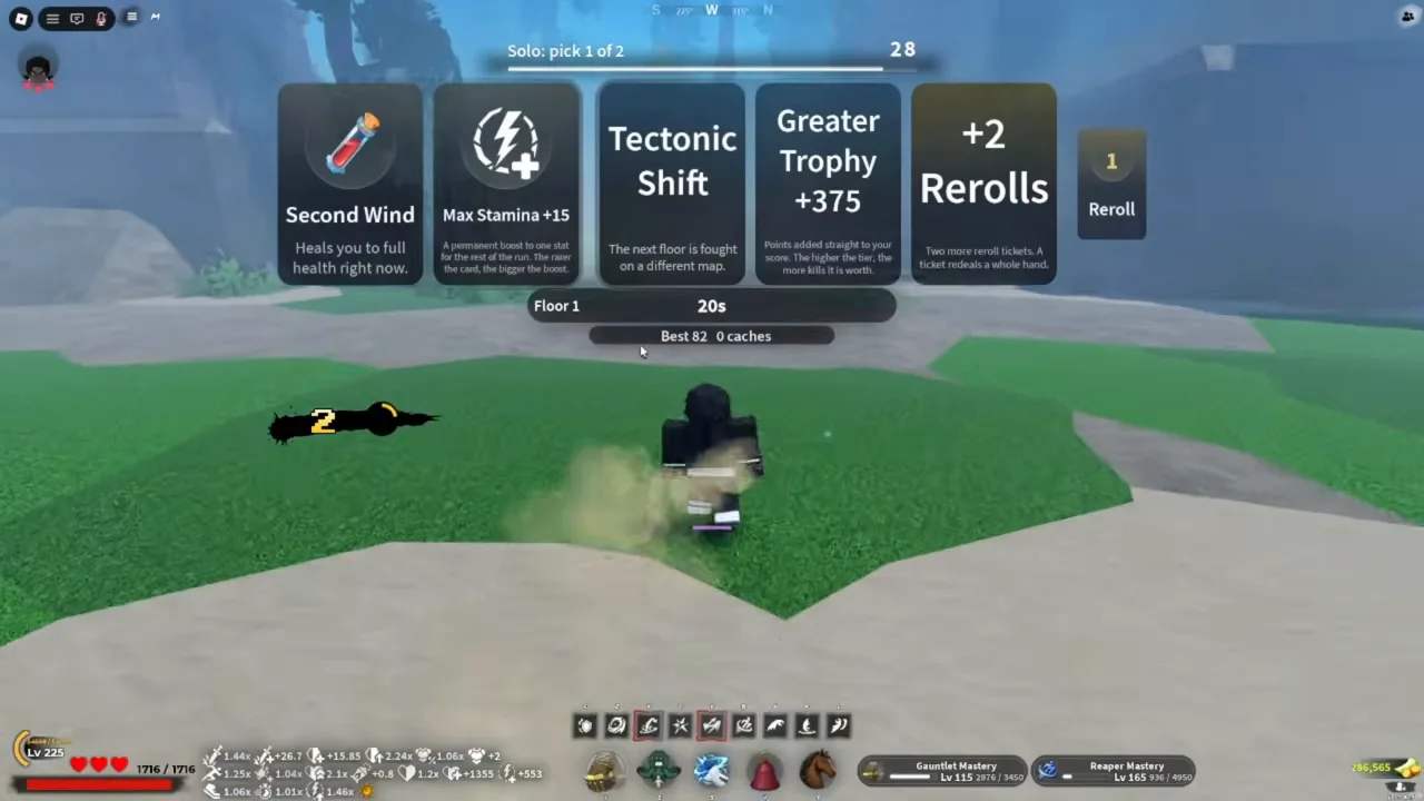 Five cards across the top of the screen over a grassy map, with a floor counter below them