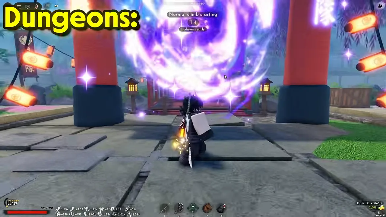 A player walking into a swirling purple portal between two red pillars, with a countdown banner above