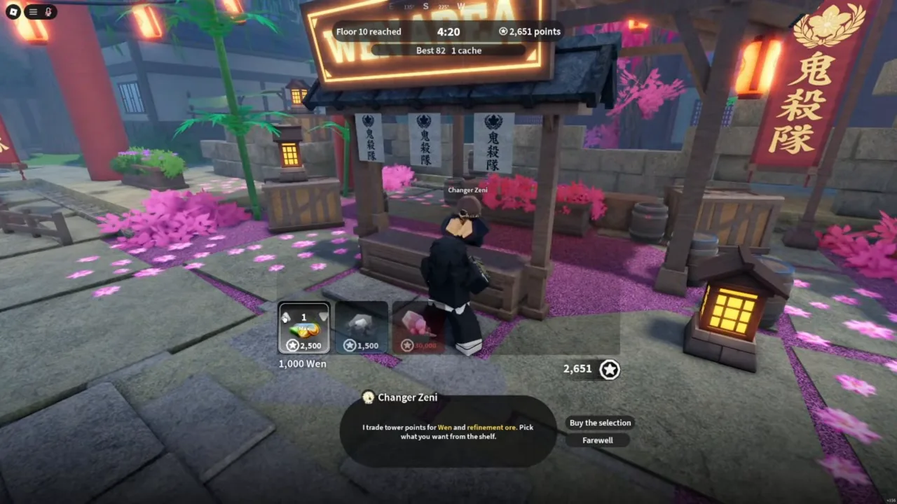 A stall in the hub with three shelf items and a dialog box