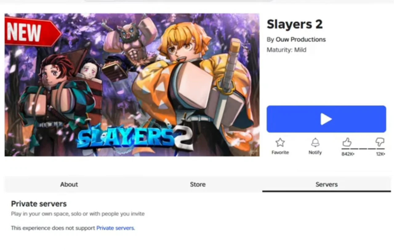 The Slayers 2 page on Roblox with the Servers tab open