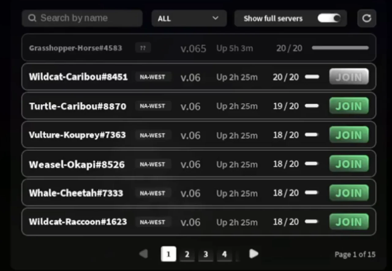 A list of public servers with region, version, uptime and player counts