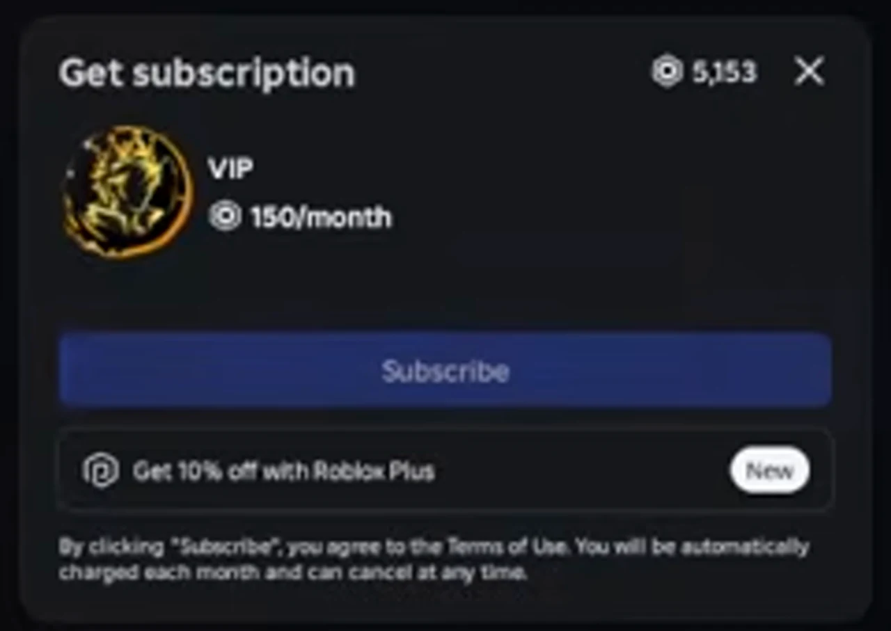 A Roblox subscription prompt for VIP
