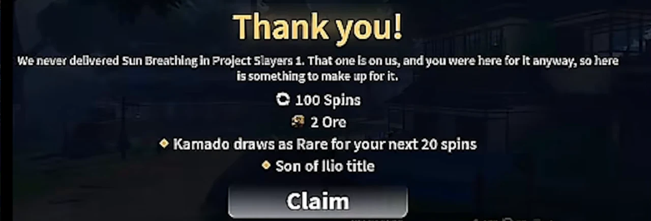 A Thank you! popup listing spins, ore and a title