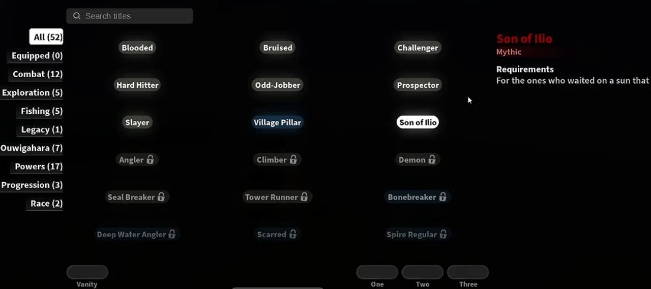 The Titles menu with categories on the left and a selected title