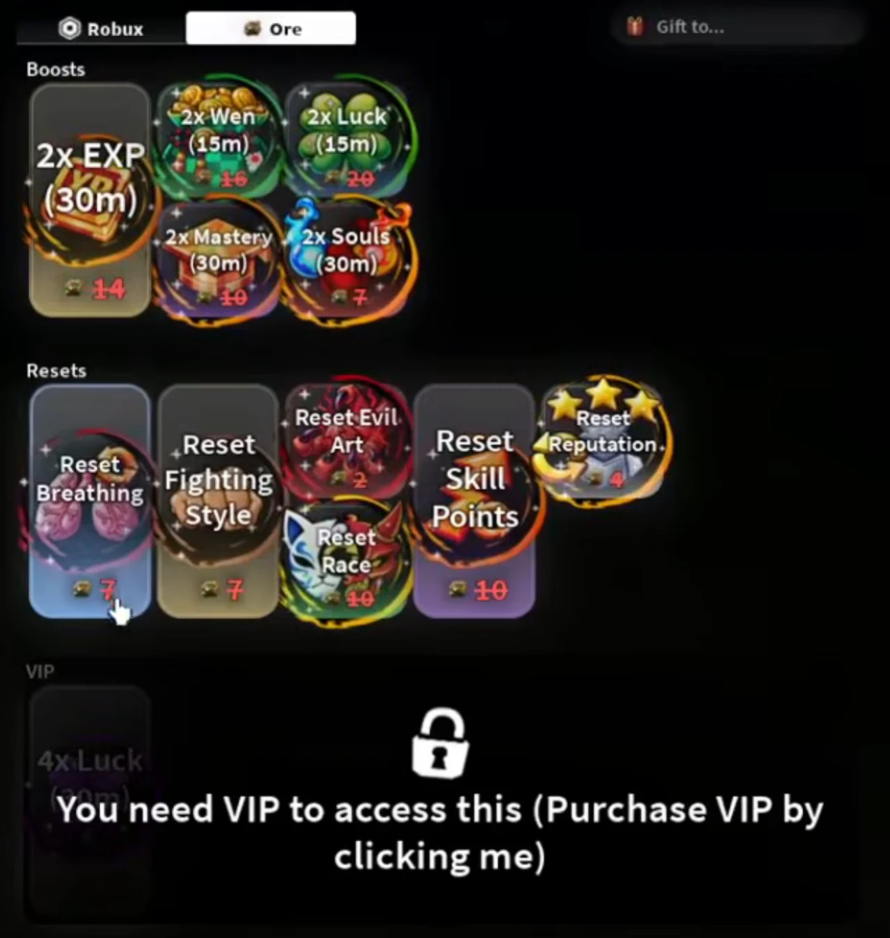 The Ore shop with a locked VIP row at the bottom