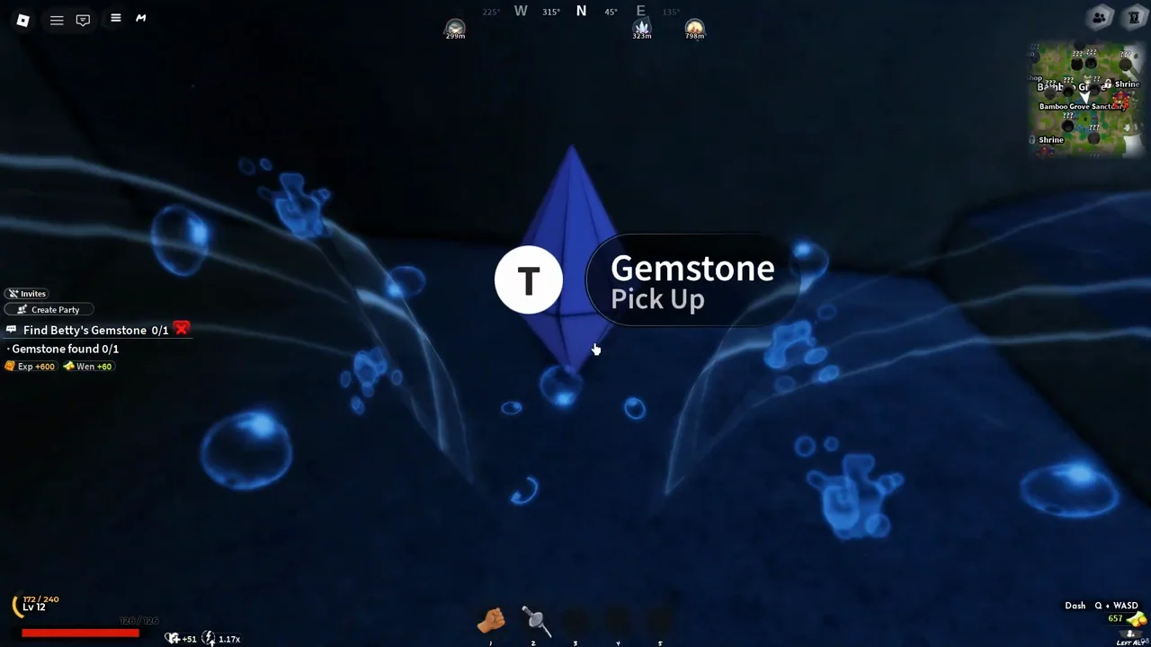A blue crystal underwater with a pick-up prompt