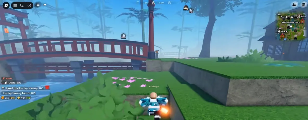 A player on the far bank by the red bridge, next to a low dirt ledge