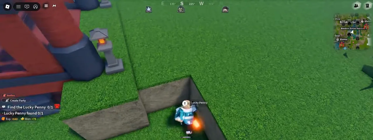 A player in the inside corner of a low ledge by a stone lantern