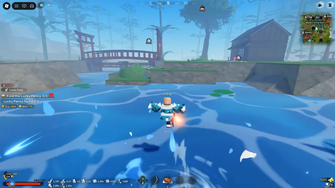 A player swimming across a pond toward a red bridge