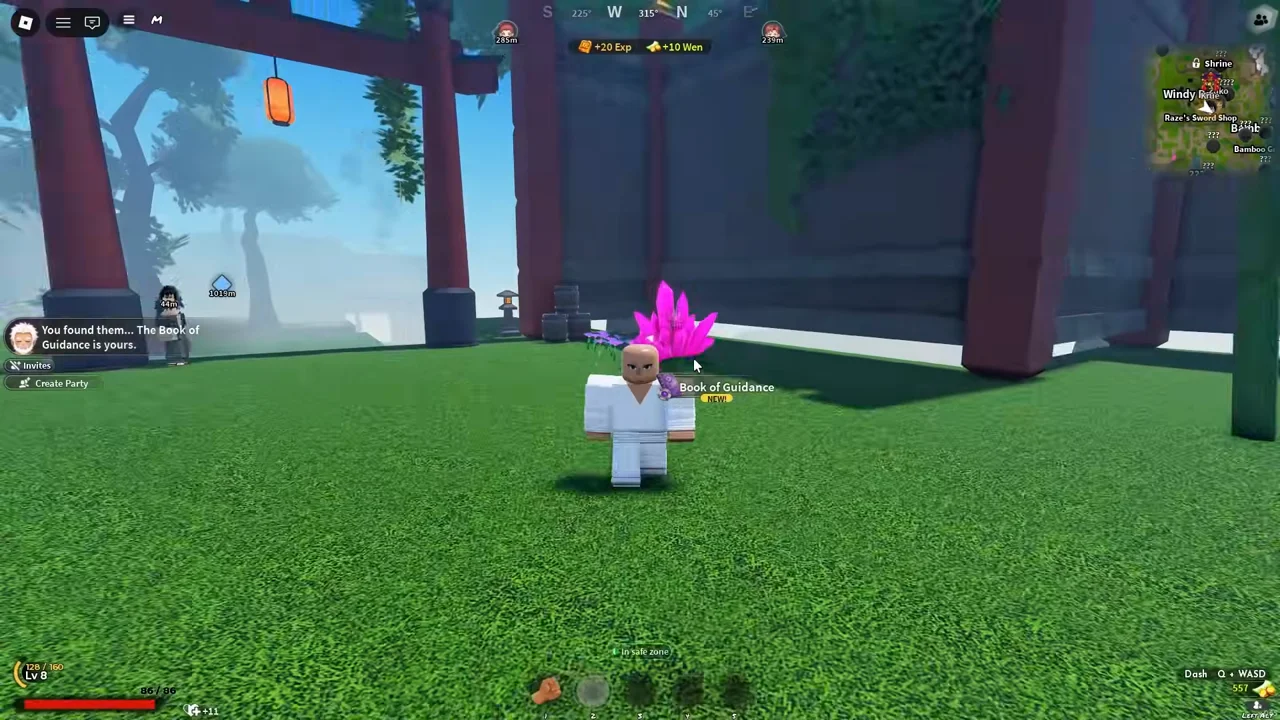 The player in a courtyard with a pink crystal after the fifth page