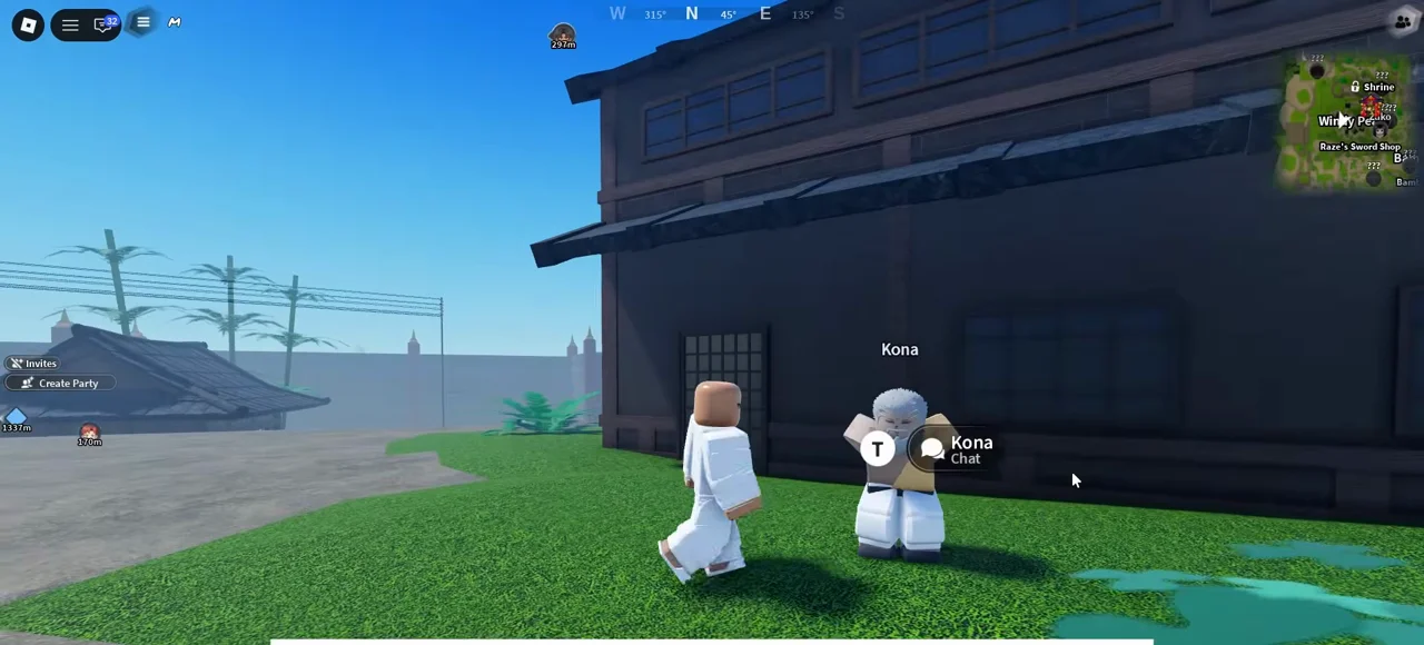 A player talking to Kona beside a dark wooden house