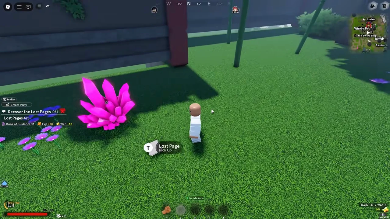 A Lost Page on the grass beside a large pink crystal