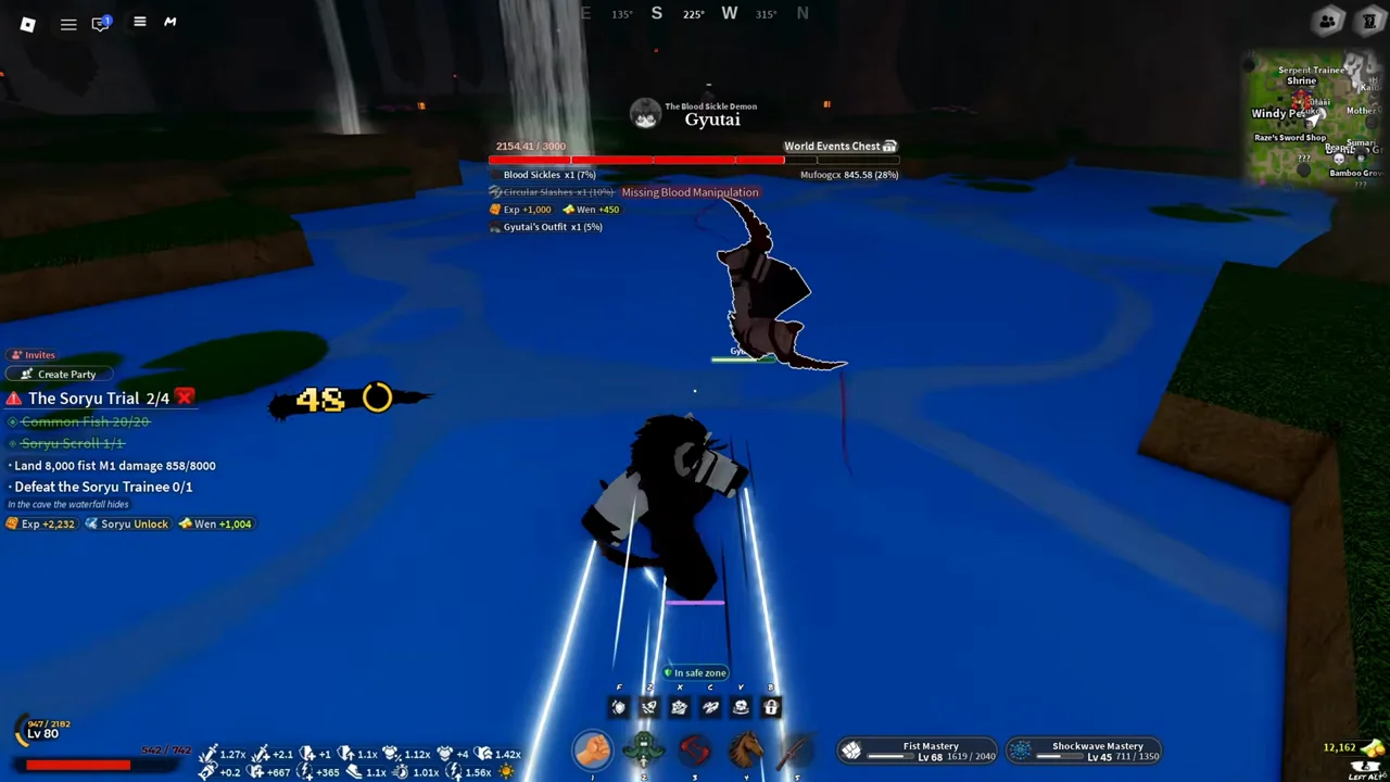 A player punching a boss at a waterfall pool