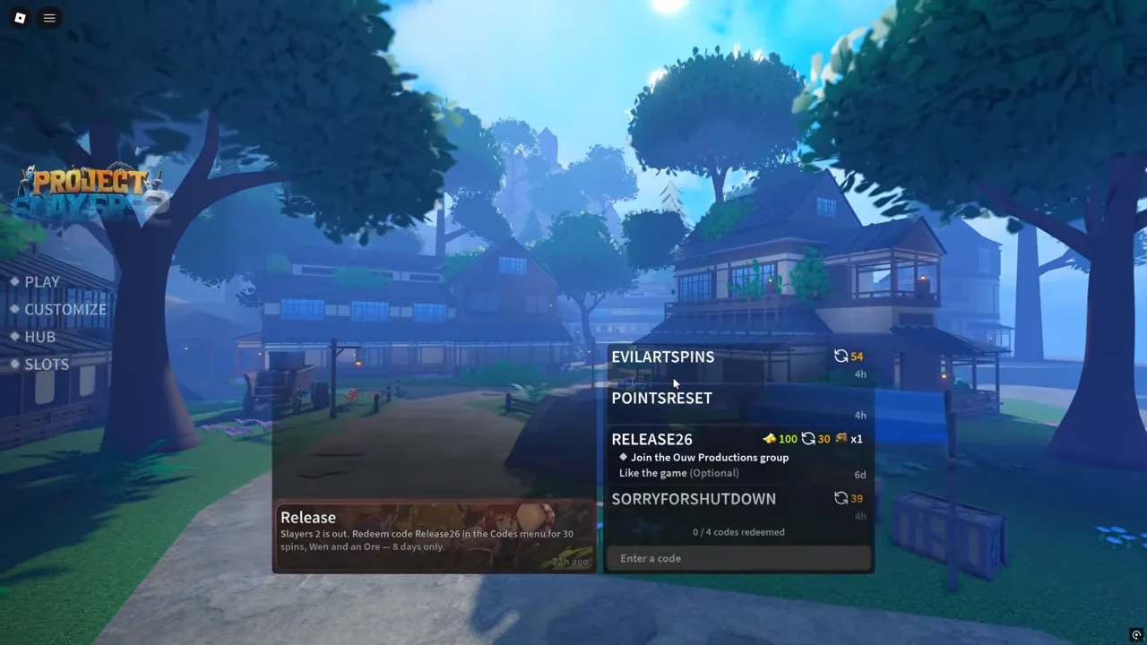 The game's title screen with a codes list and a news card