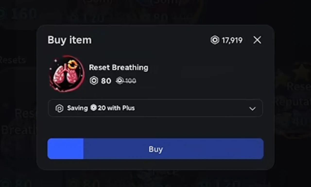 Roblox's purchase box for Reset Breathing with a Plus saving line
