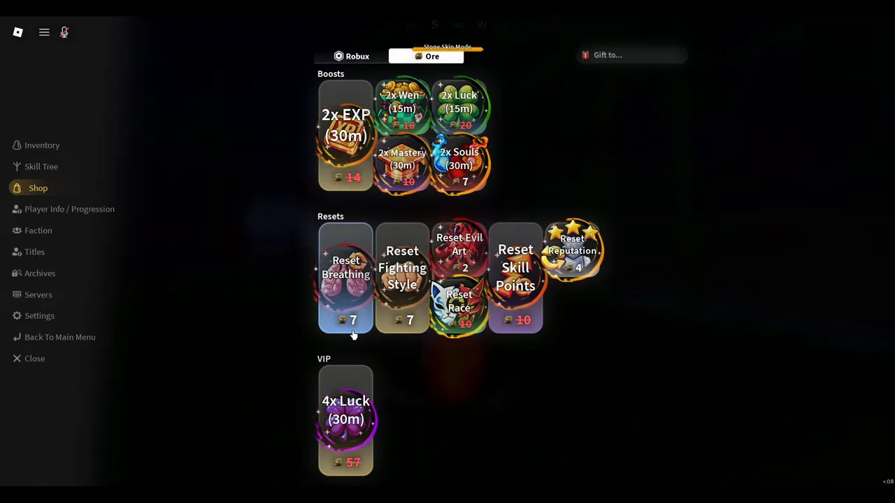 The same shop on its Ore tab, with smaller prices