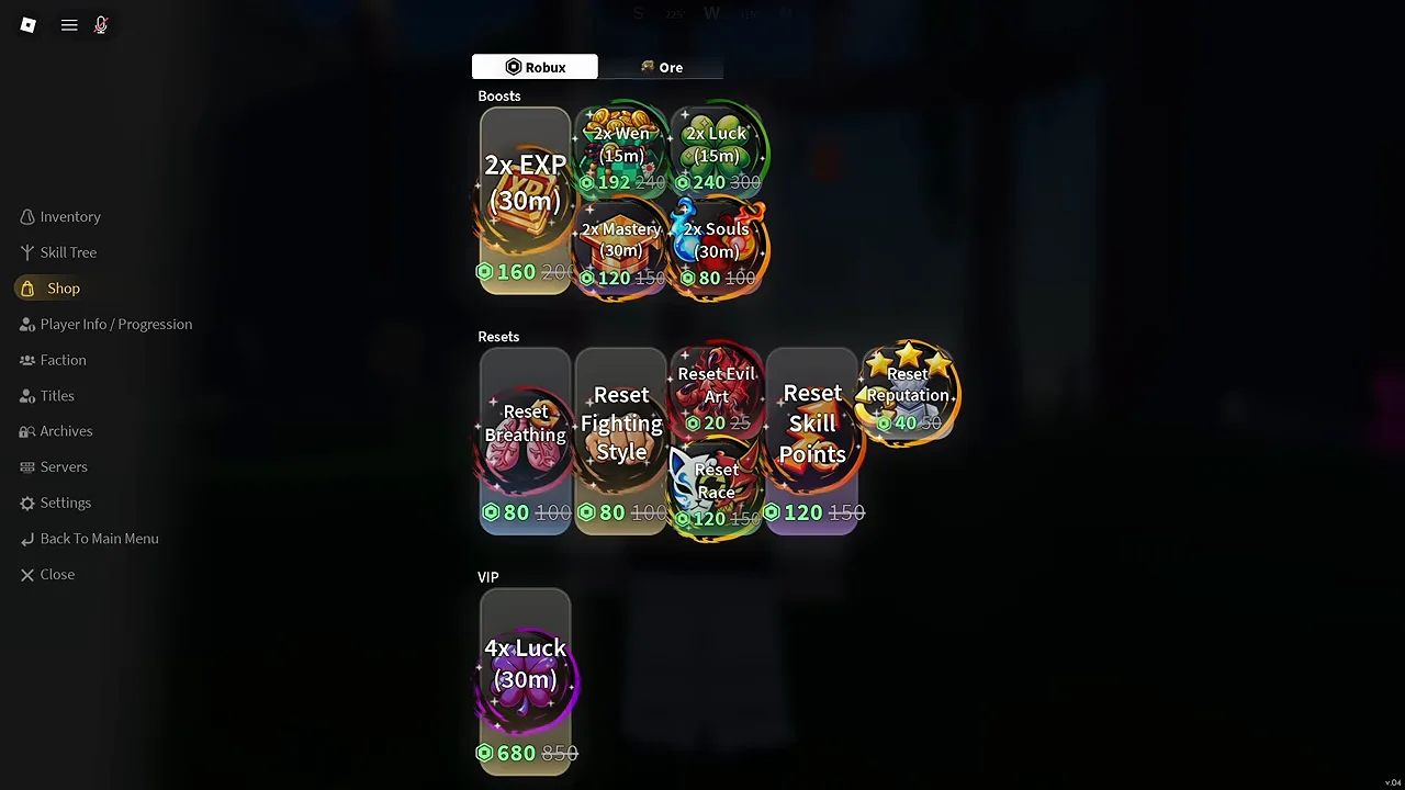 The shop's Robux tab with every price shown twice, one struck through