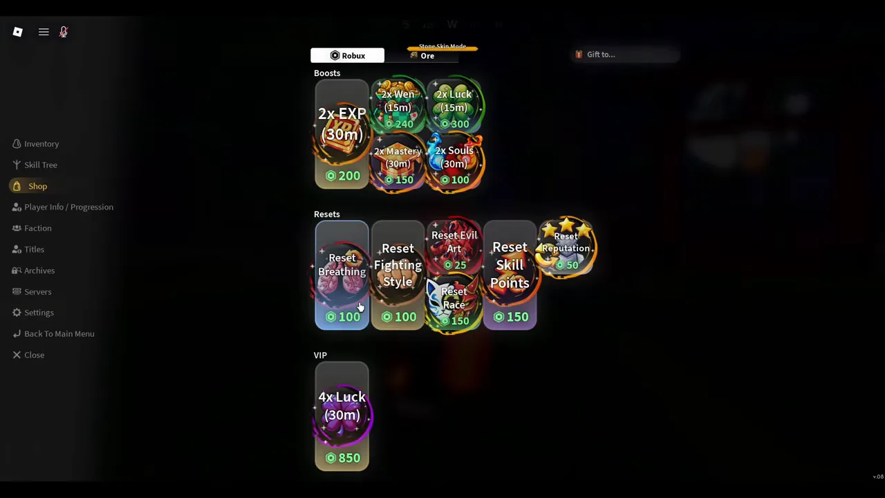 The in-game shop's Robux tab with boosts, six reset tiles and a VIP tile