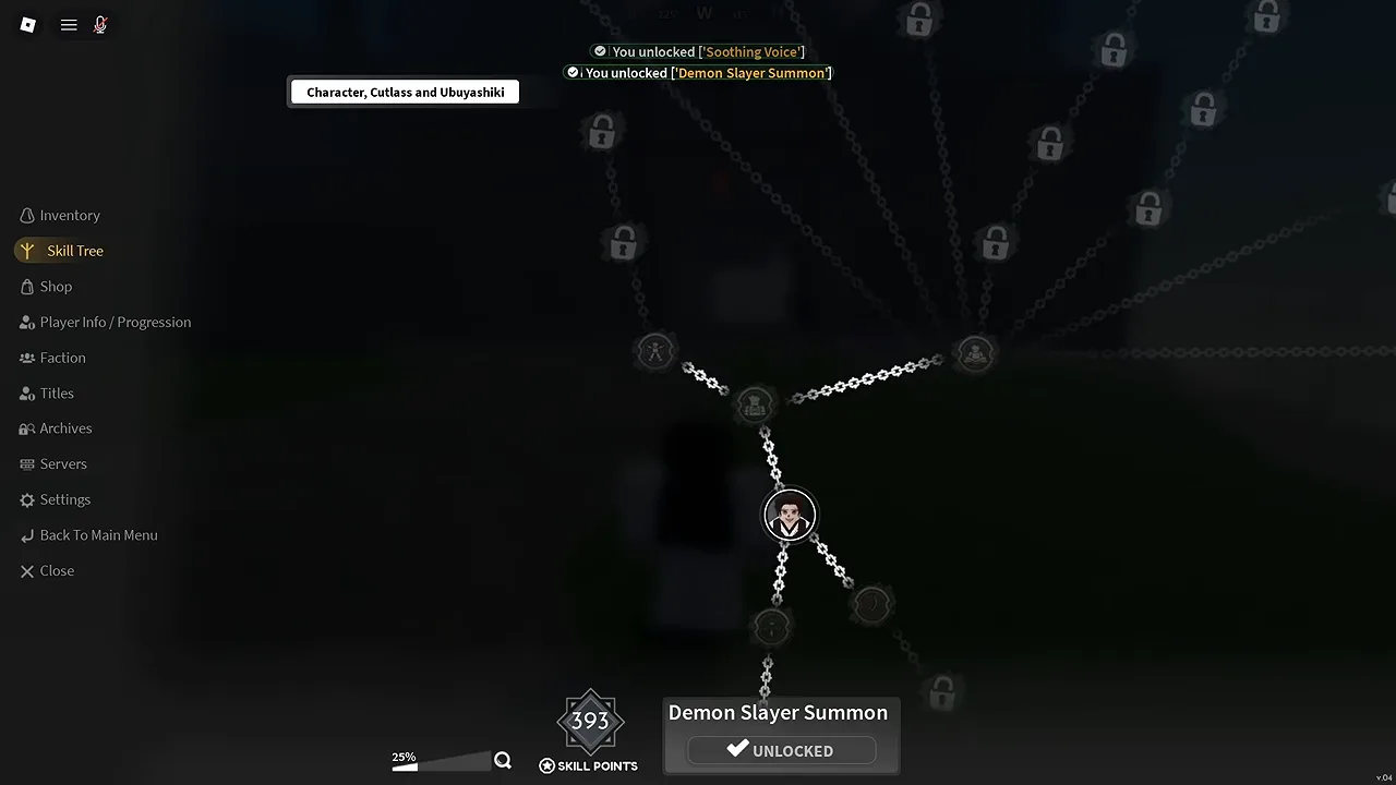 The skill tree after several resets, with a points counter and two unlock messages