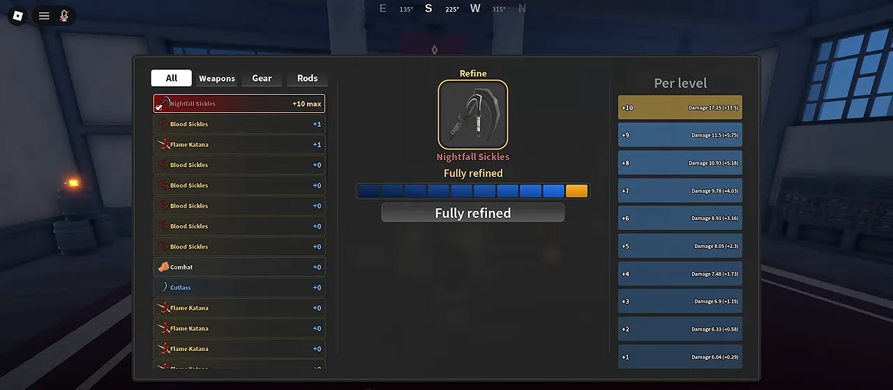 A Nightfall Sickles at +10 with the button reading Fully refined