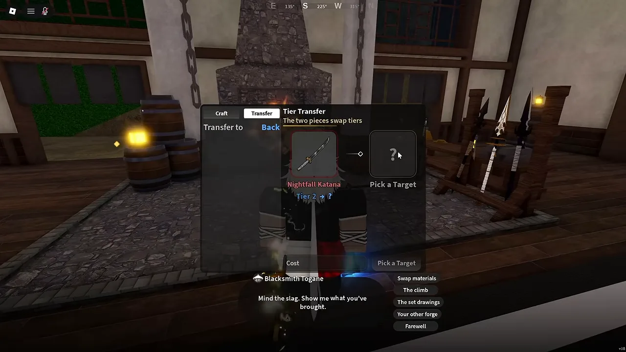 Blacksmith Togane's Tier Transfer panel