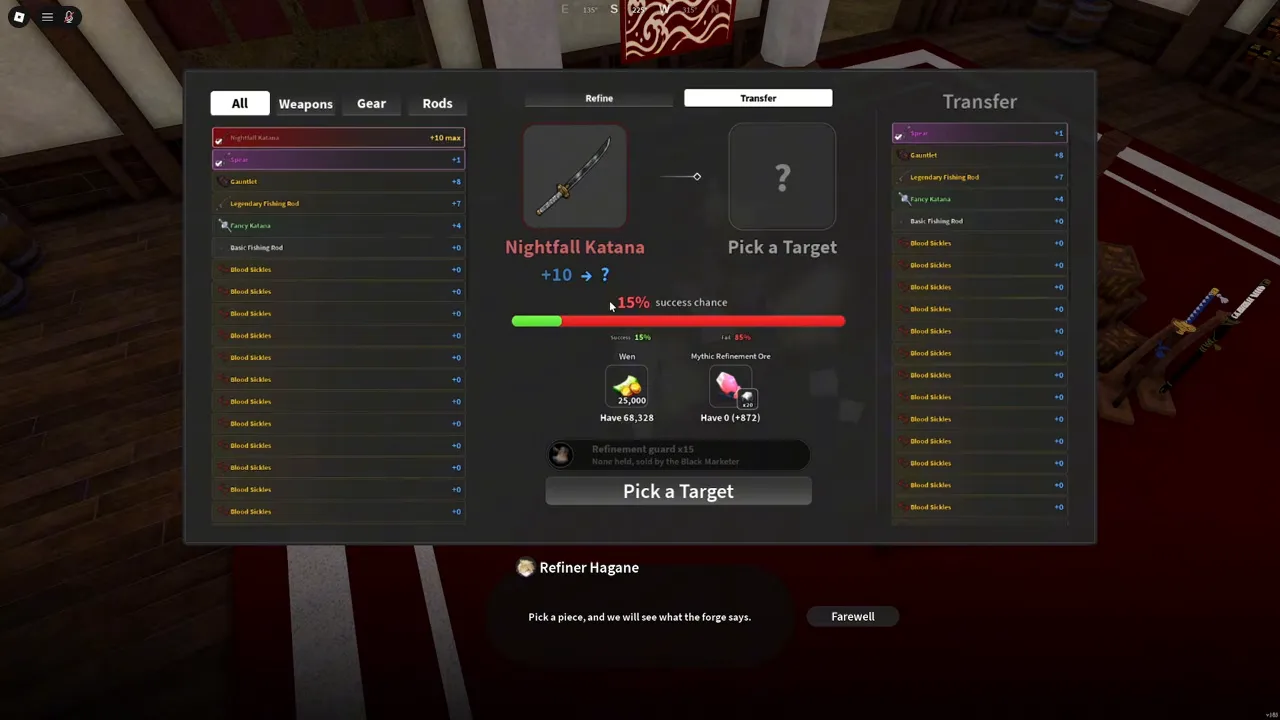 The Transfer tab with a +10 Nightfall Katana picked