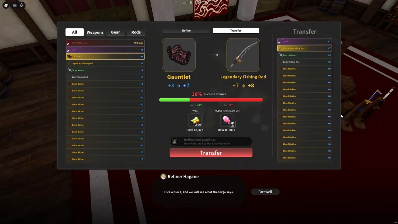 A Gauntlet and a fishing rod lined up to swap levels