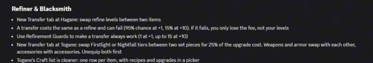 The Refiner and Blacksmith section of the V0.18 update notes