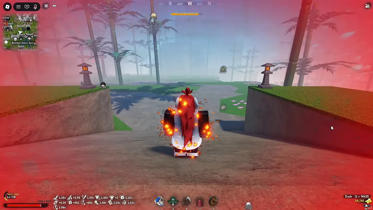 A demon covered in flames on a sunny path in a bamboo grove, the screen edges tinted red