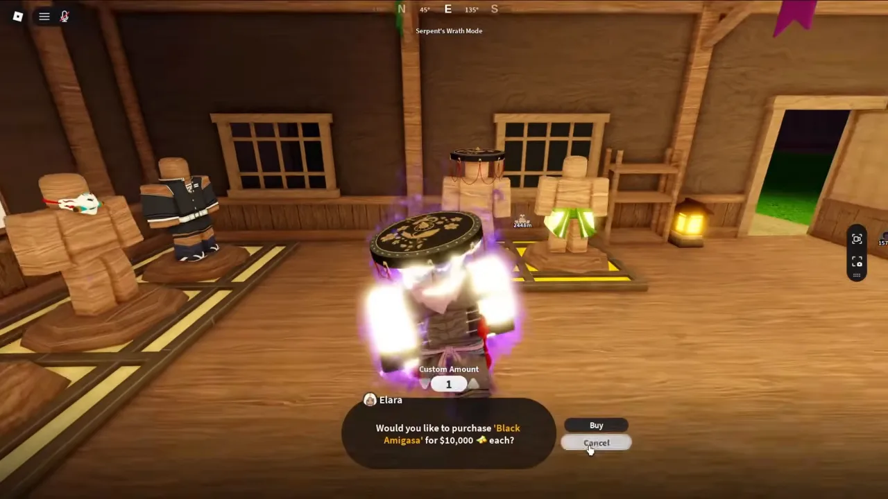 A player inside a clothing shop at night, a purchase dialog open