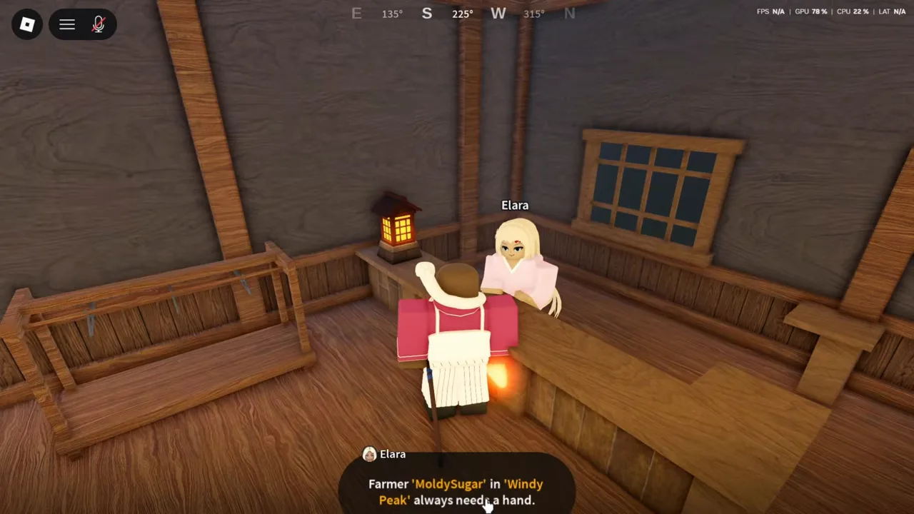 A shopkeeper behind a counter with a dialog line naming another NPC