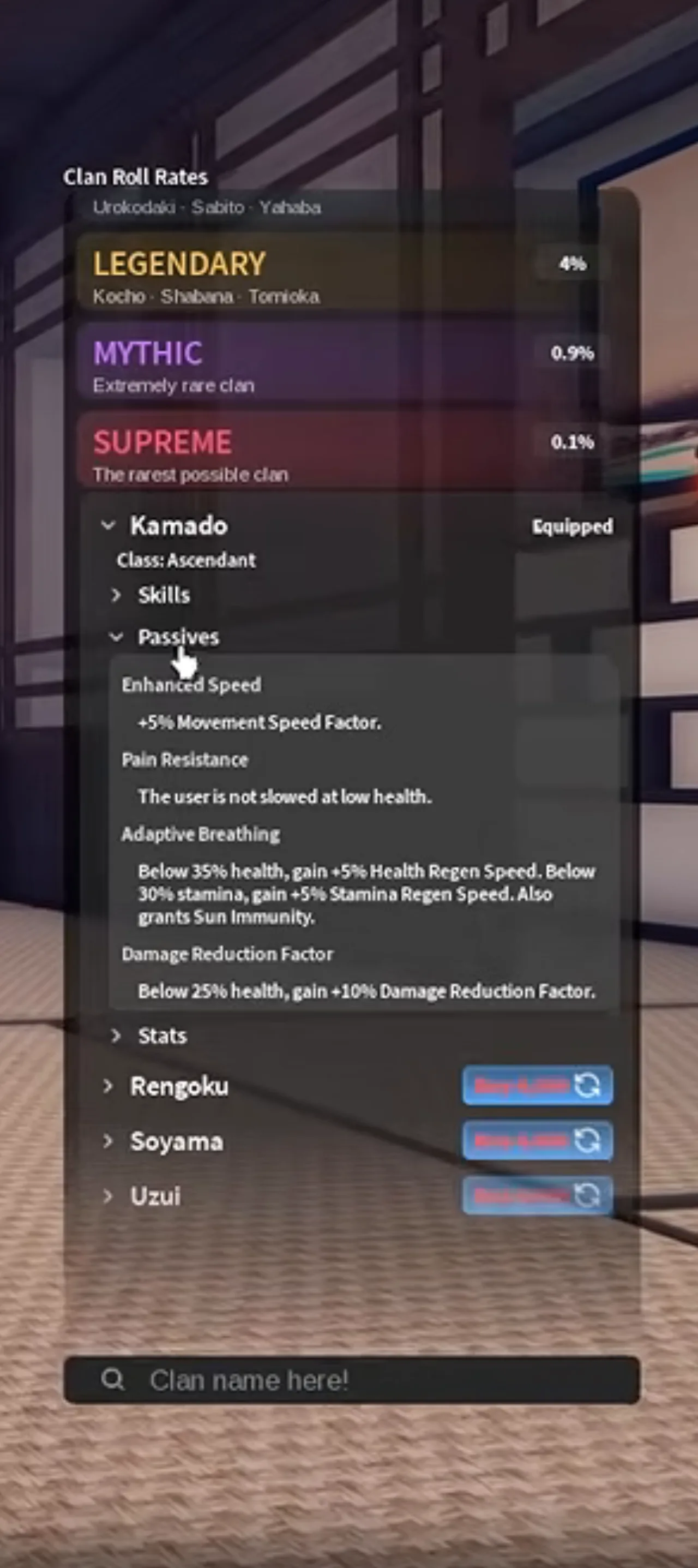 A clan menu panel listing the Kamado clan's passives