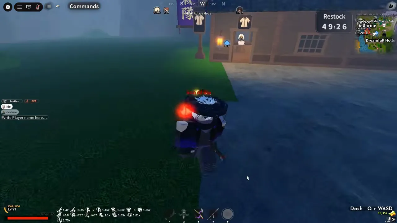 A player outside a shop at night with a floating restock timer