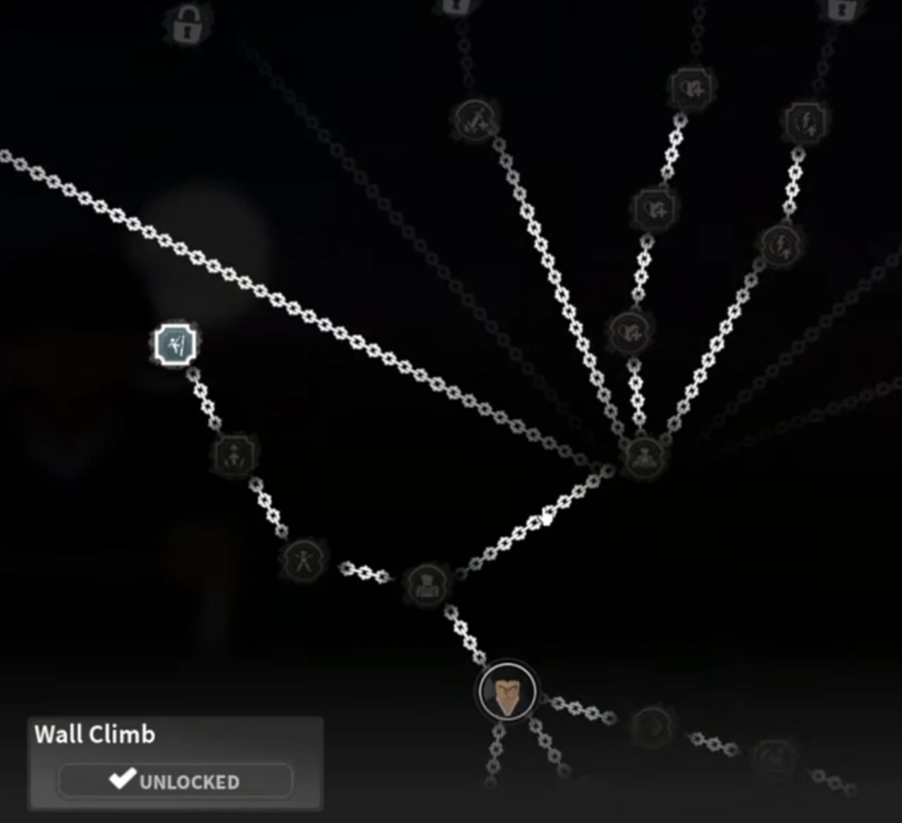 The skill tree centred on the player's portrait, with Wall Climb selected