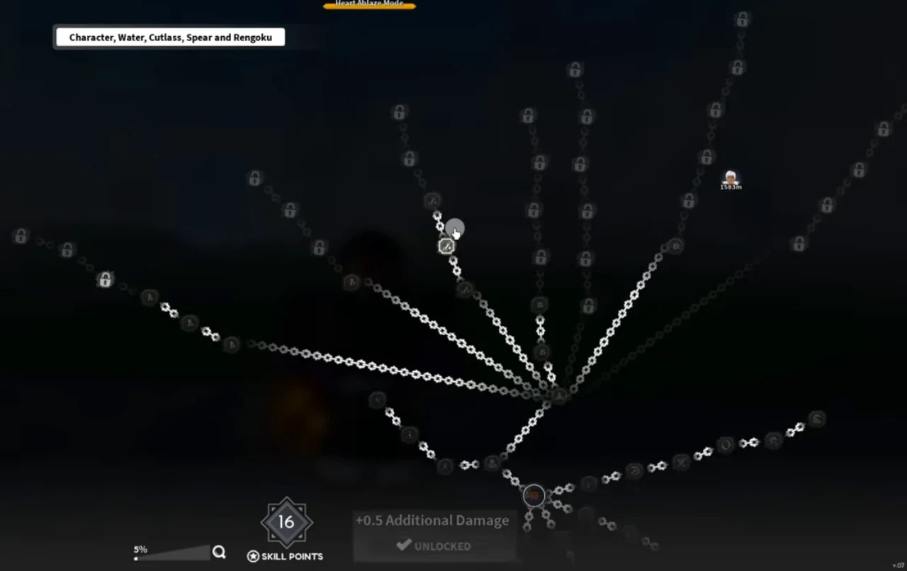The skill tree zoomed out to five percent, seven chains fanning out