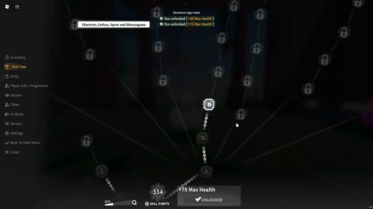 Two unlock messages at the top and a Max Health node unlocked